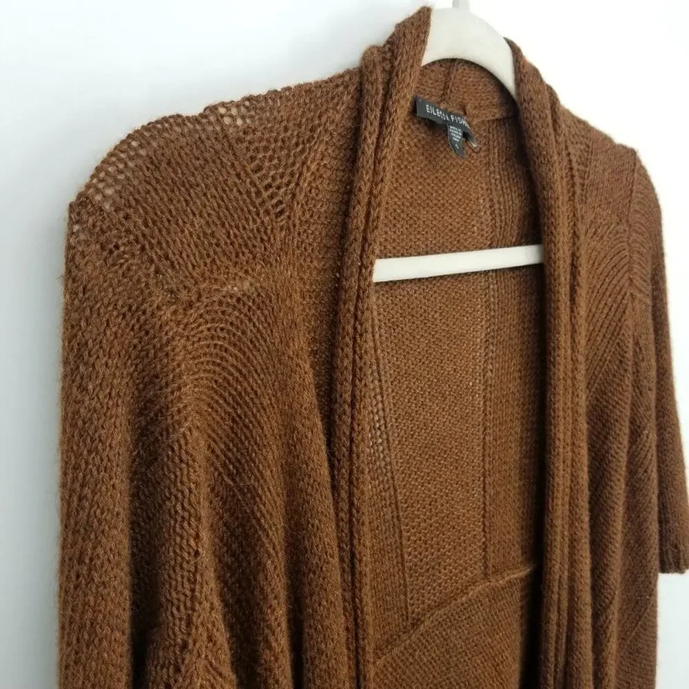 Eileen Fisher Silk & Alpaca Knit Cardigan S Open Front High‎ Low Hem Brown
